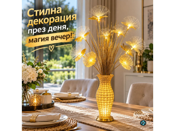 Декоративна LED ваза със светещи цветя тип глухарче – 75 см, златист цвят, топла бяла светлина